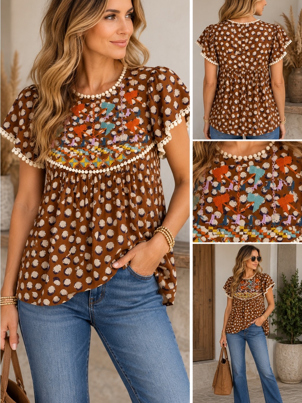 THML Embroidered Boho Babydoll Top – Size Medium - Picture 2 of 7